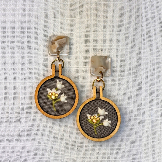 Lily of the Valley Mini Embroidery Hoop Drop Earrings