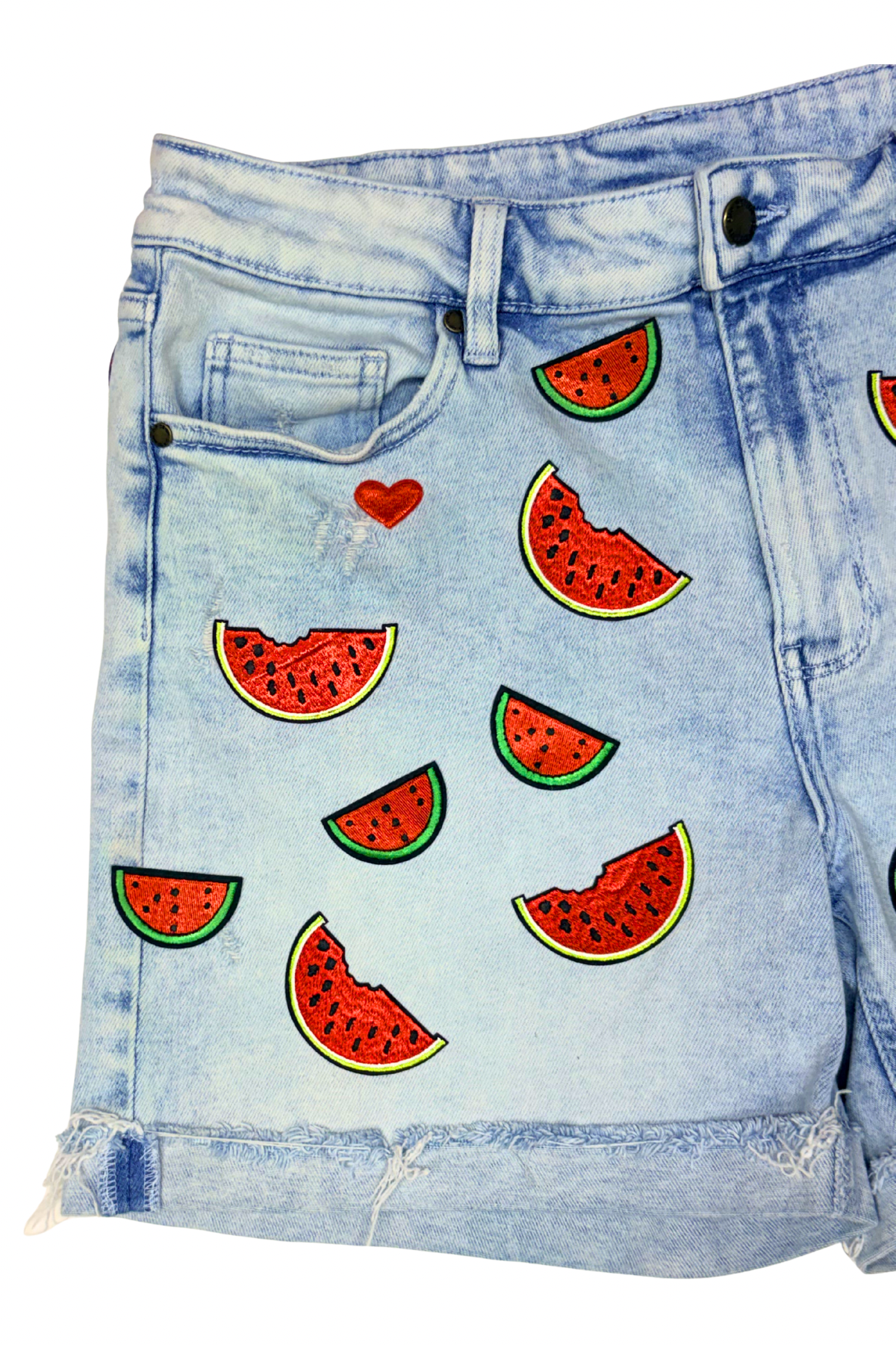 Watermelon Slice Patched Denim Shorts - Size 12