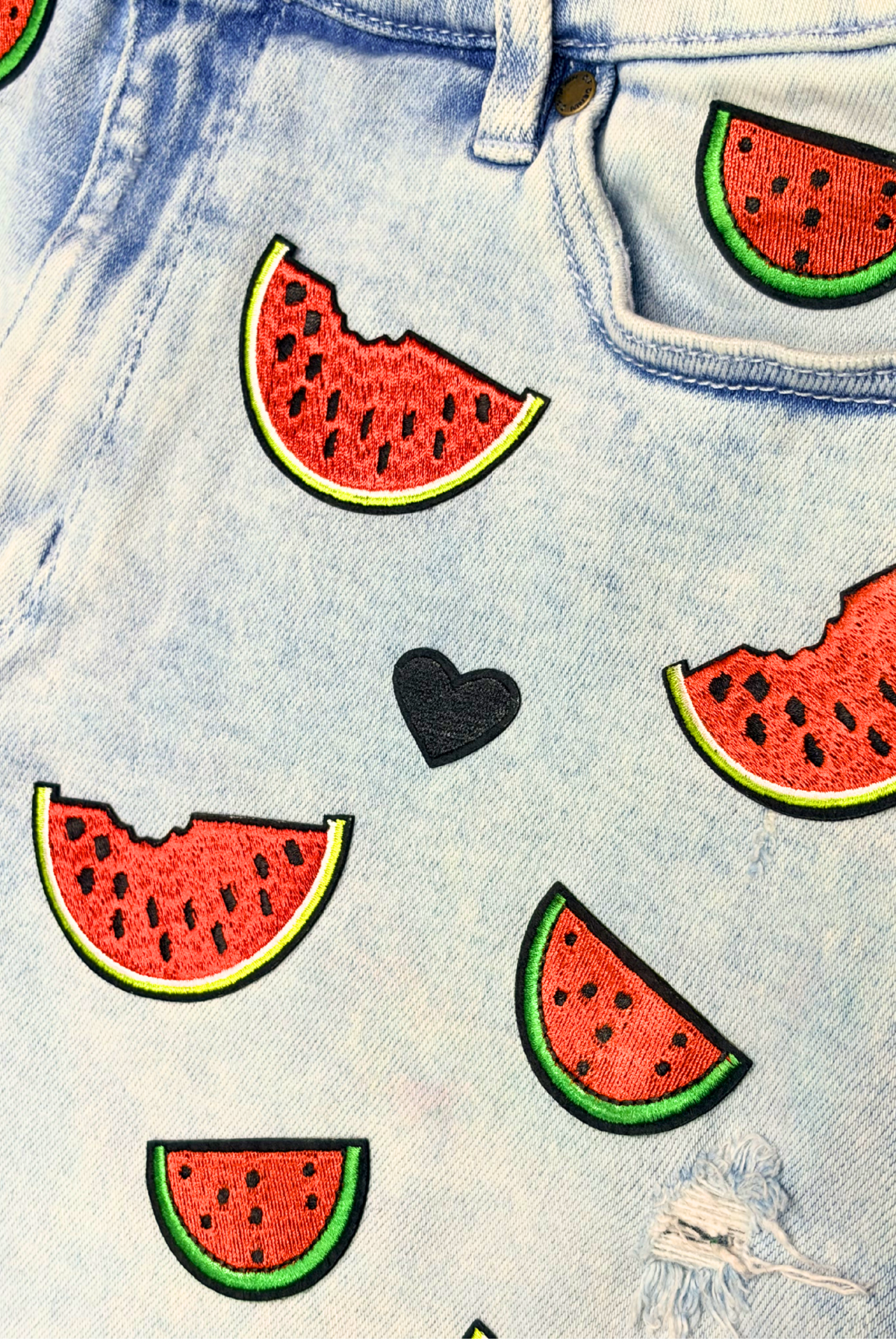 Watermelon Slice Patched Denim Shorts - Size 12