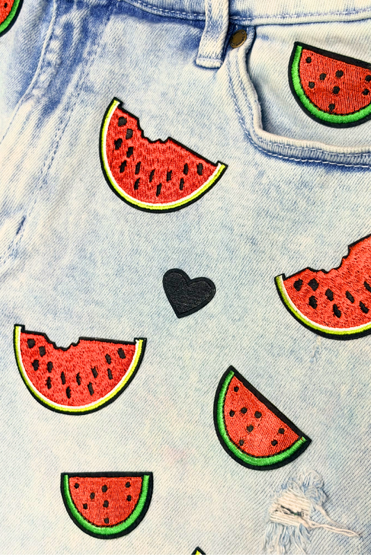 Watermelon Slice Patched Denim Shorts - Size 12