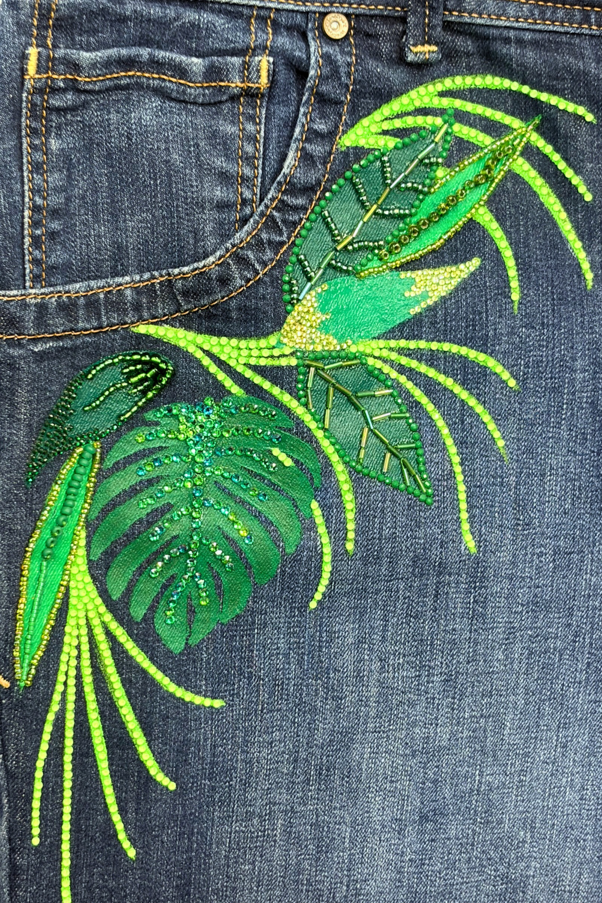 Emerald Overgrowth Beaded Denim Shorts - Size 26