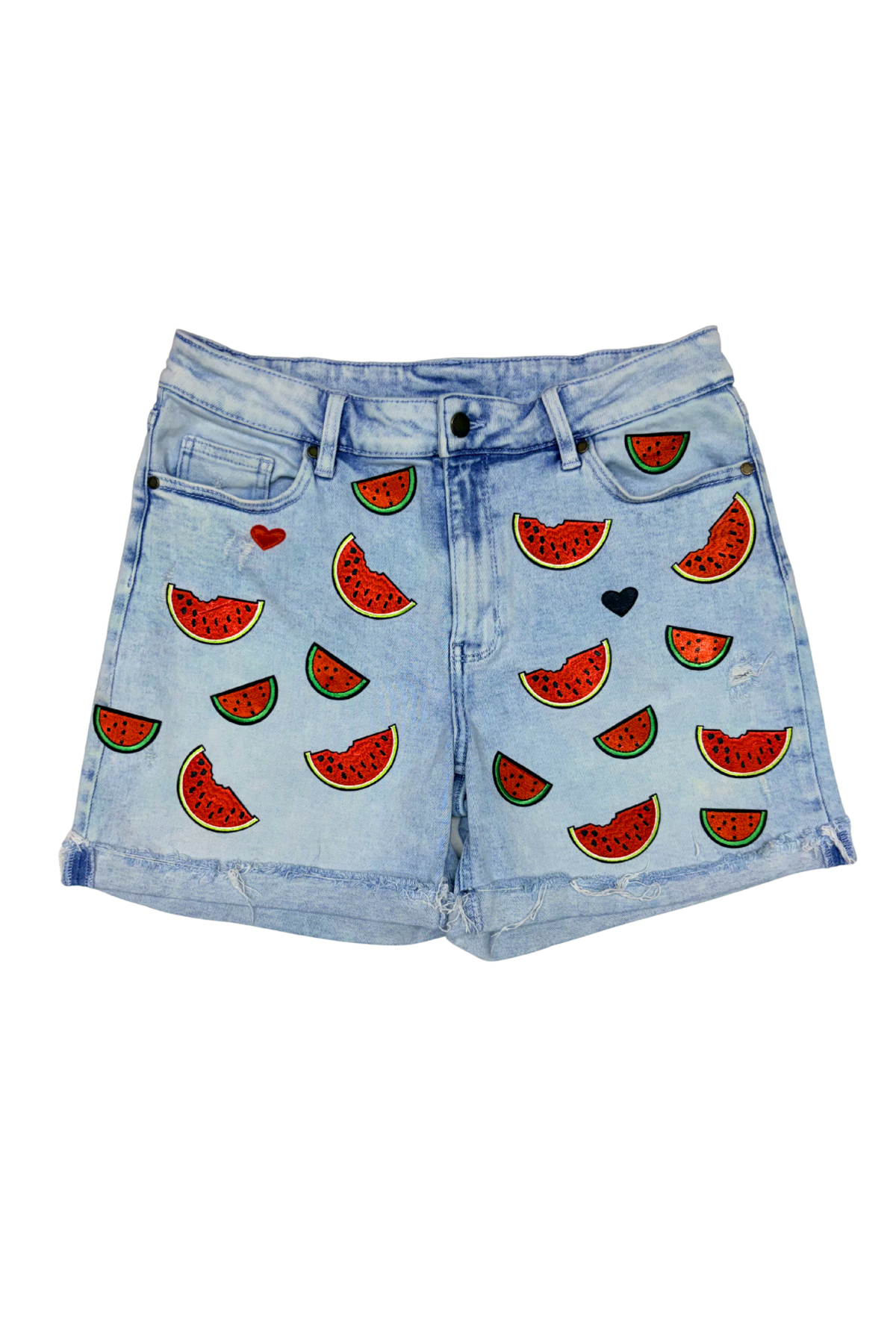 Watermelon Slice Patched Denim Shorts - Size 12