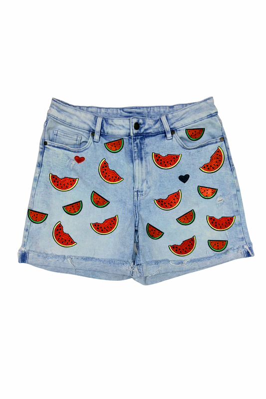 Watermelon Slice Patched Denim Shorts - Size 12