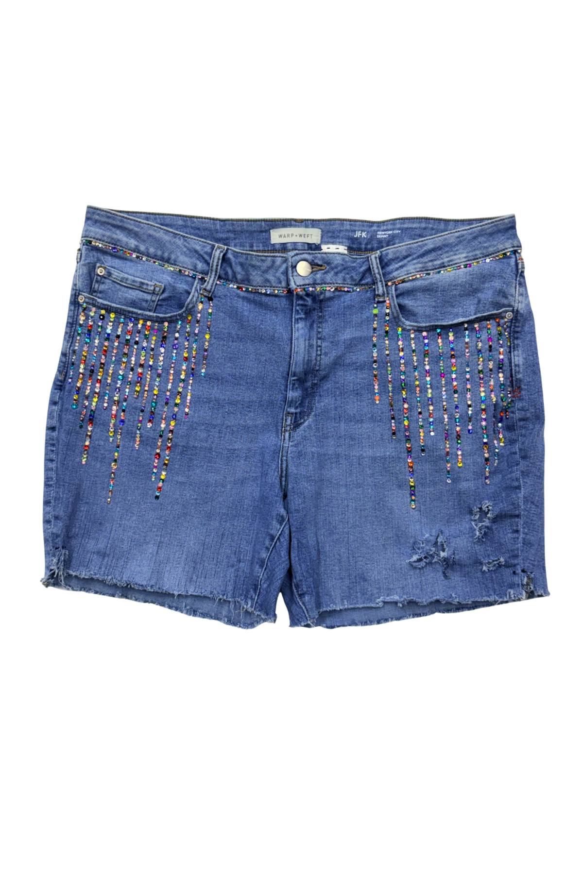 Rhinestone Rain Embellished Cutoff Denim Shorts - Size 20