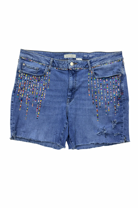 Rhinestone Rain Embellished Cutoff Denim Shorts - Size 20